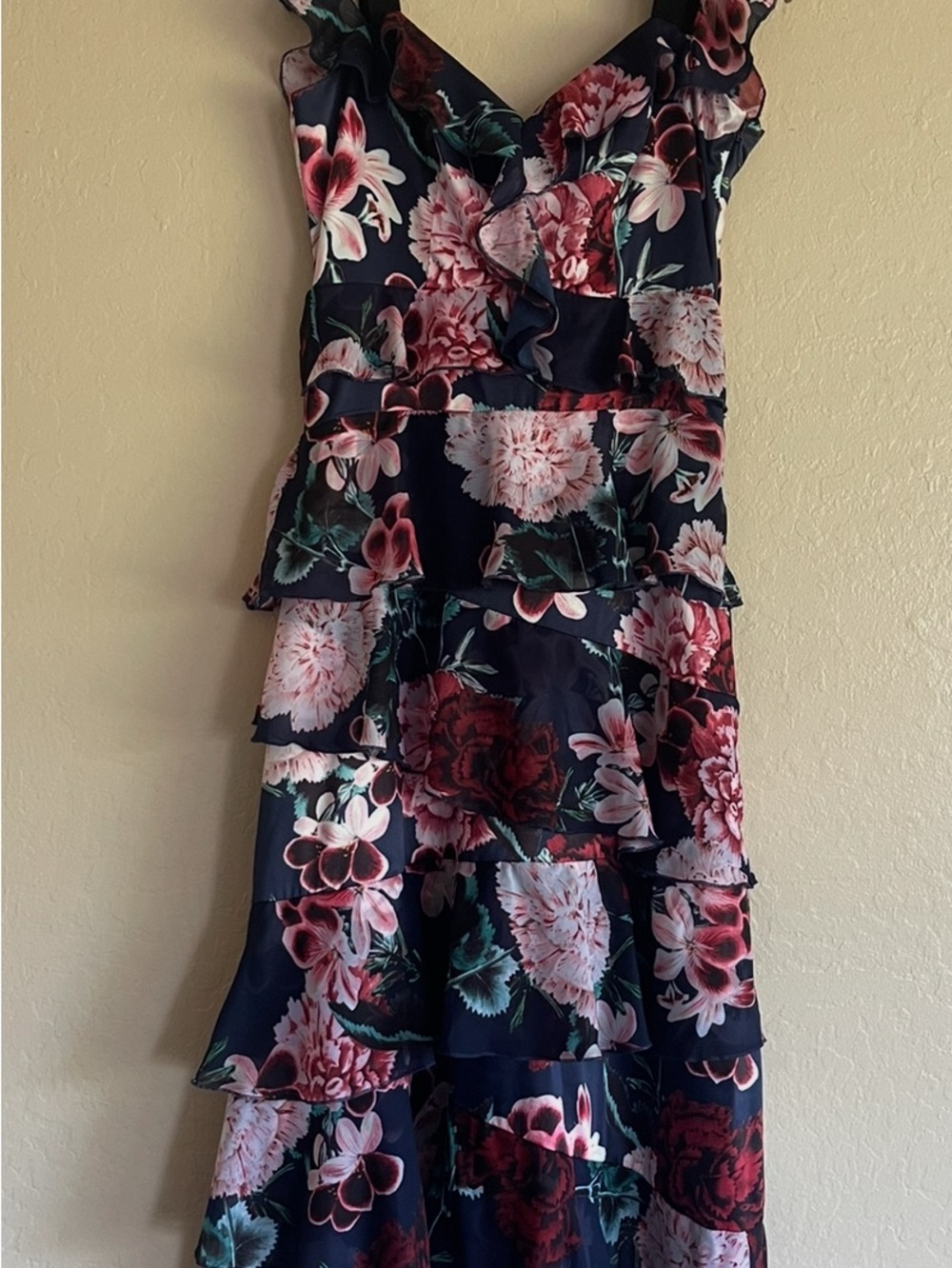 bebe Navy Floral Ruffle Dress with Pink Blooms